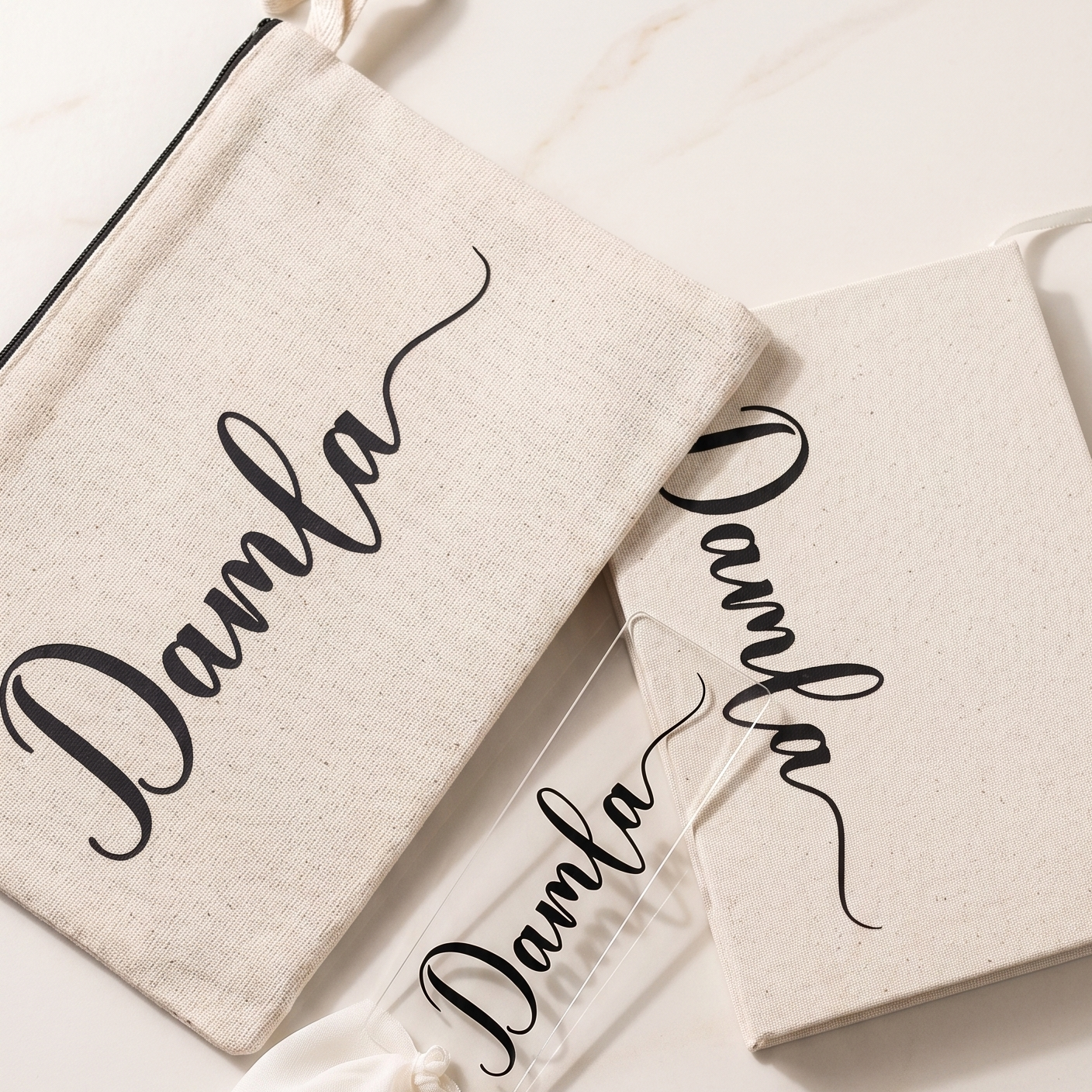 Kişiye Özel Sade İsim Model Clutch, Kanvas Defter ve Kitap Ayracı Seti