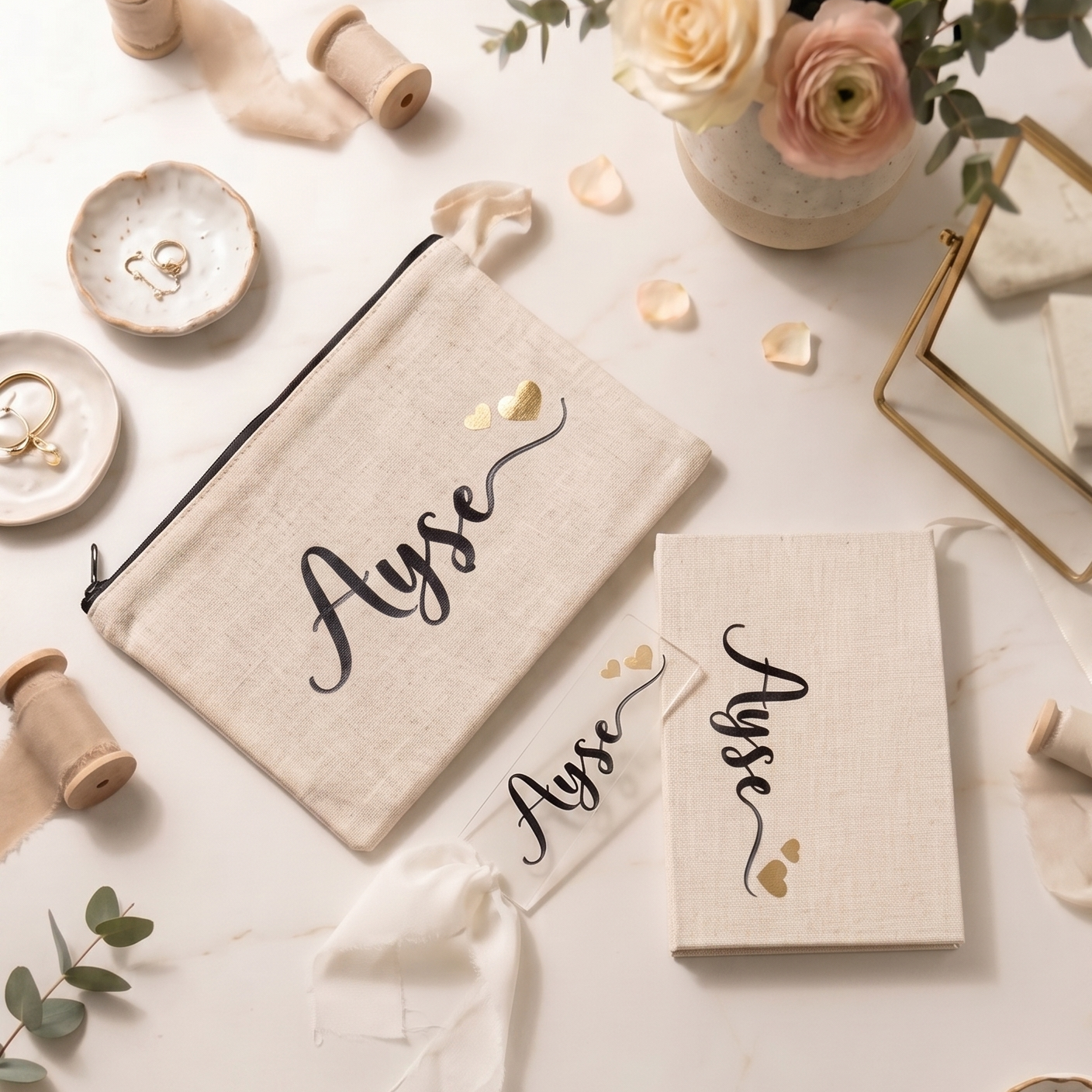 Kişiye Özel Kalpli İsim Model Clutch, Kanvas Defter ve Kitap Ayracı Seti